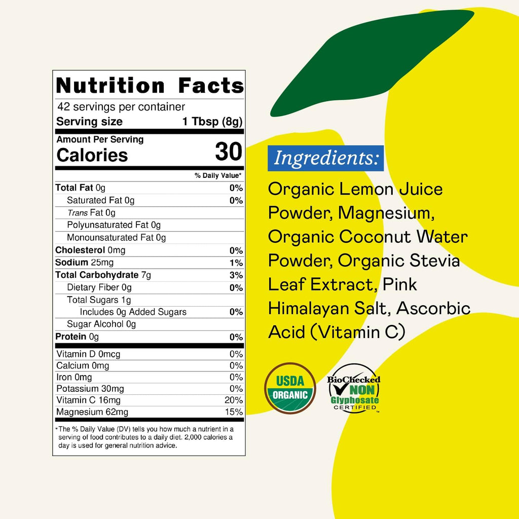 GOODONYA HYDRATE Electrolyte & Mineral Powder, 11.9oz, 42 Servings - Certified Organic, Real Lemon Juice, Himalayan Pink Salt, Stevia, Coconut Water, Paleo, Plant Based, No Sugar Added