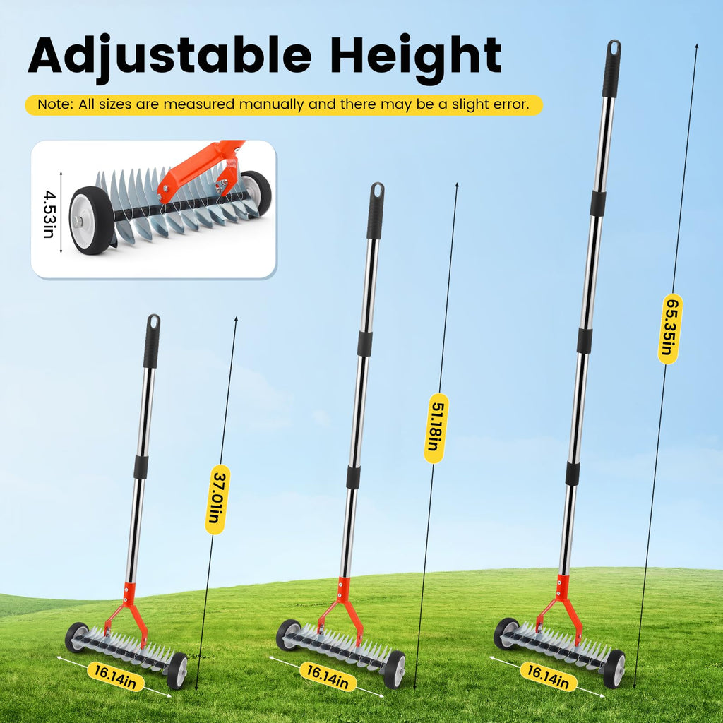 Thatch Rake with Wheels, 37-65.35'' Adjustable Dethatching Roller Rake Adjustable 0-12° Angle Stainless Steel Blades Heavy Duty Manual Dethatcher , Lawn Thatcher Rakes for Moss, Grass, Leaves, Debris
