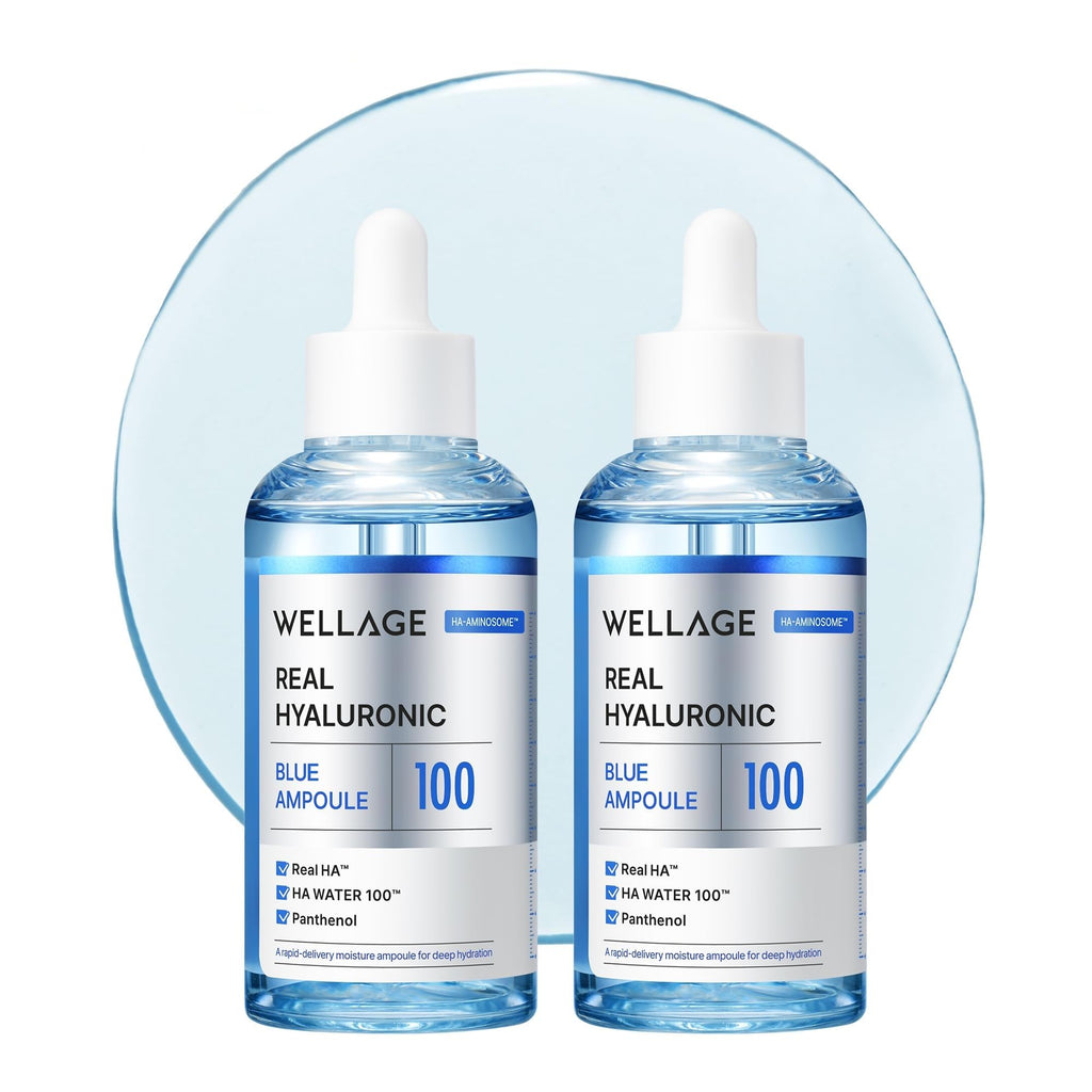 WELLAGE Real Hyaluronic Blue Ampoule 100, Korean Hydrating Serum for Face, Hyaluronic Acid Serum with Panthenol for Sensitive Skin, (3.38Fl.oz + 2.53Fl.oz)