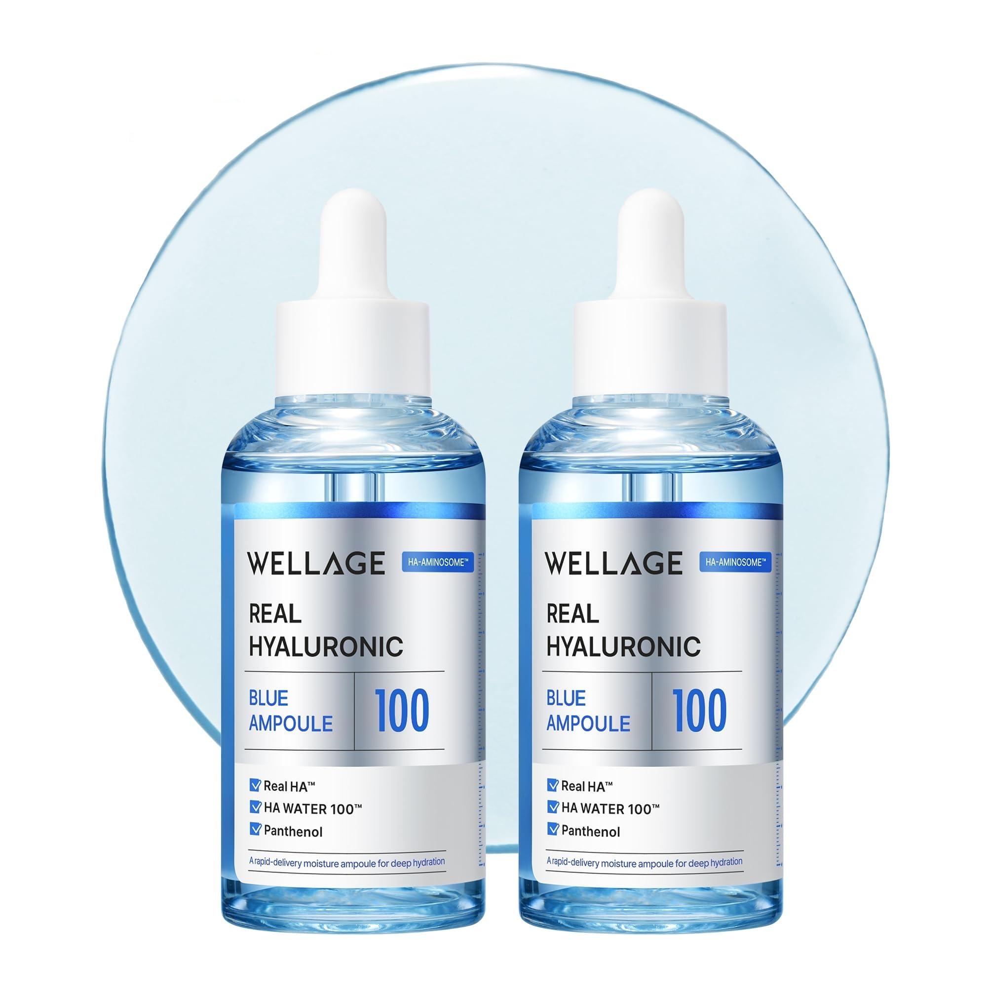 WELLAGE Real Hyaluronic Blue Ampoule 100, Korean Hydrating Serum for Face, Hyaluronic Acid Serum with Panthenol for Sensitive Skin, (3.38Fl.oz + 2.53Fl.oz)
