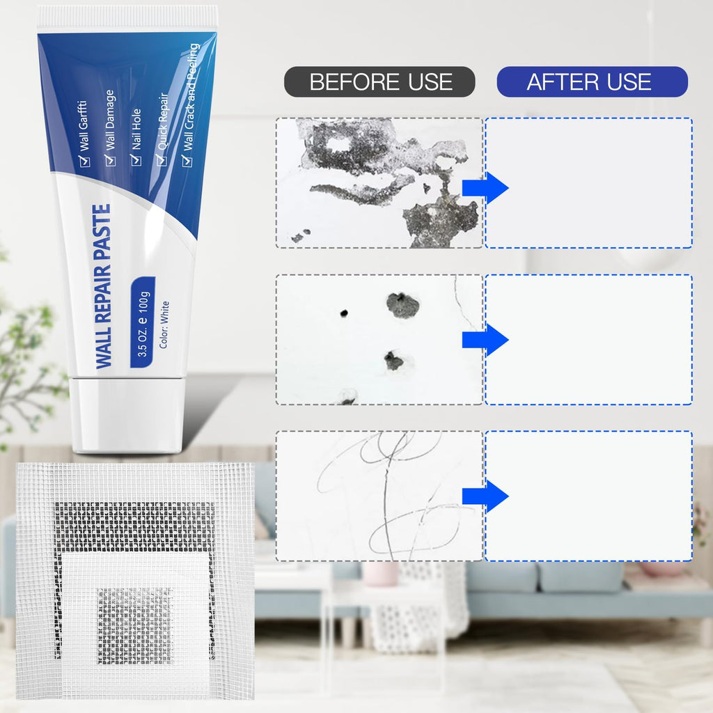 SEISSO Drywall Repair Kit, Wall Mending Agent*3(100g), Wall Patch*4, Scraper and Sandpaper*2, Wall Repair Paste Kit for Wall Cracks, Graffiti, Whitewall Hole Filler and Plaster Dent Repair