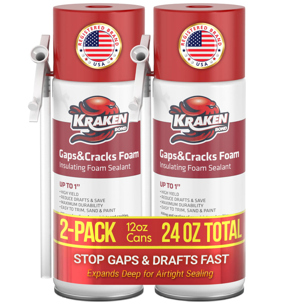 Kraken Bond Gaps & Cracks Expanding Foam Sealant - (24x12oz) High Expansion Polyurethane Spray Foam for Window & Door, Straw Use Waterproof High Yield Gap Filler - 24 Pack
