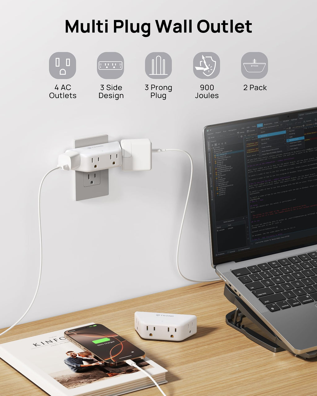 TROND Multi Plug Outlet Extender 2 Pack - Surge Protector Outlet with 4 Grounded Sockets, 3 Way Angled Plug Splitter, 900J, Multiple Wall Adapter for Home Office Travel Dorm Room, White