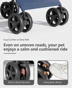 OS MOTOR Pet Stroller with 4 Wheels for Small/Medium Pets, Portable Travel Foldable Carrier Jogger for Dog Cat Puppy Kitty, Rear Wheel Breaks, Storage Basket, Visible Mesh Weather Cover (Navy Blue)