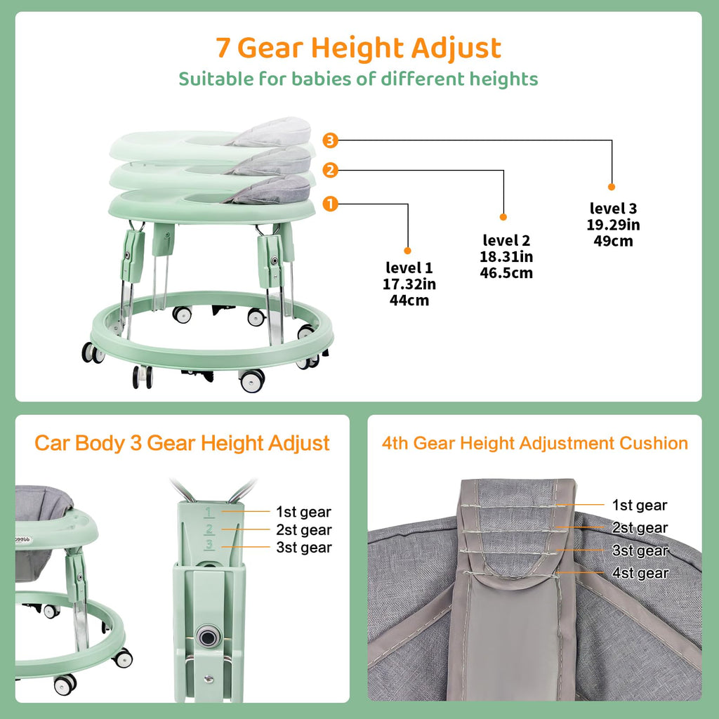 Baby Walker with Wheels, One-Touch Folding Baby Walkers, 7-Speed Height Adjustment with Large Dinner Plate, Anti-Roll 8-Wheel with Brake for 6-18 Months Baby (Green)
