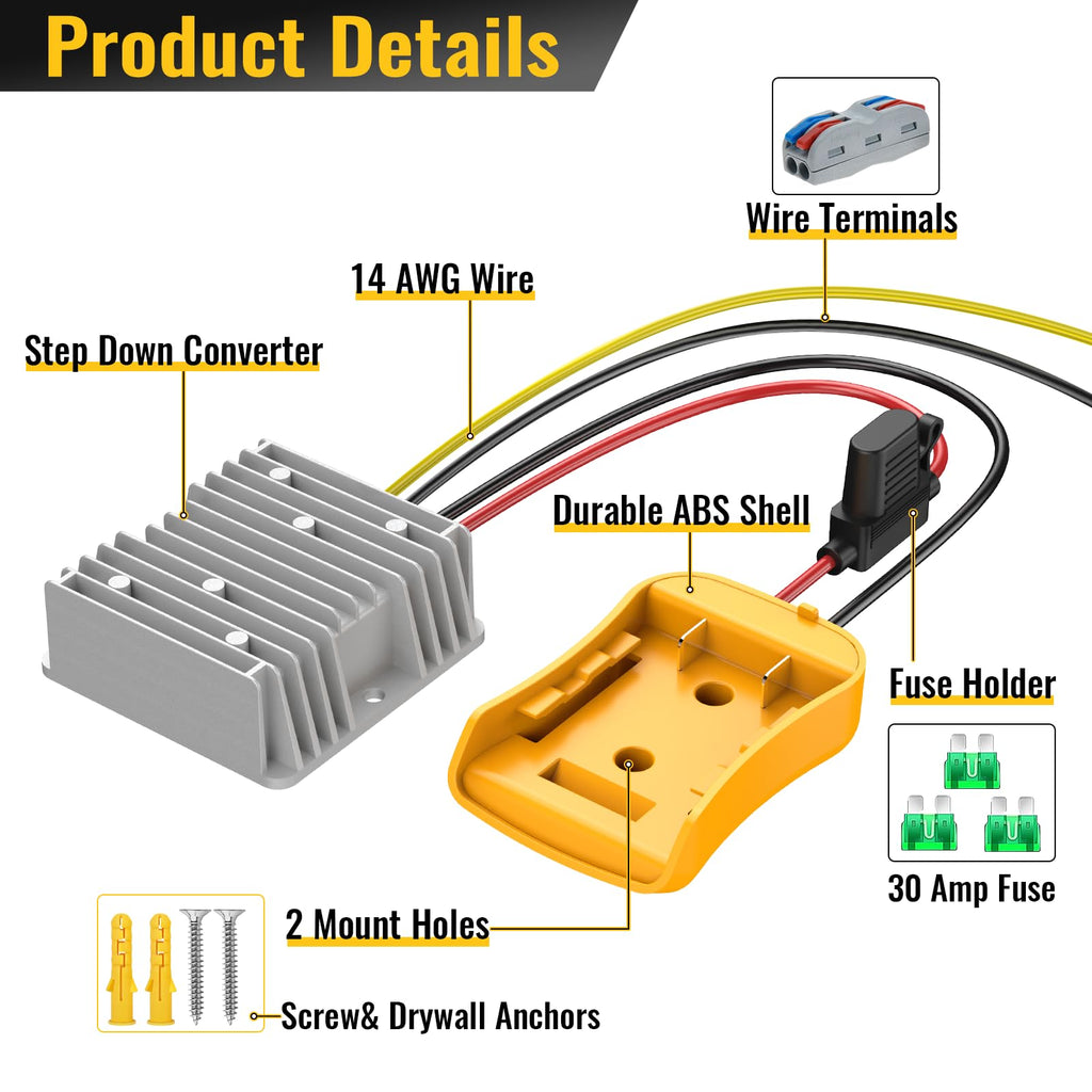 2 Pack 20V to 12V Step Down Converter Compatible with DeWalt 20V Power Wheel Battery Adapter, DC 12V 20A 240W Buck Converter Regulator 30A Fuse & Wire Terminal