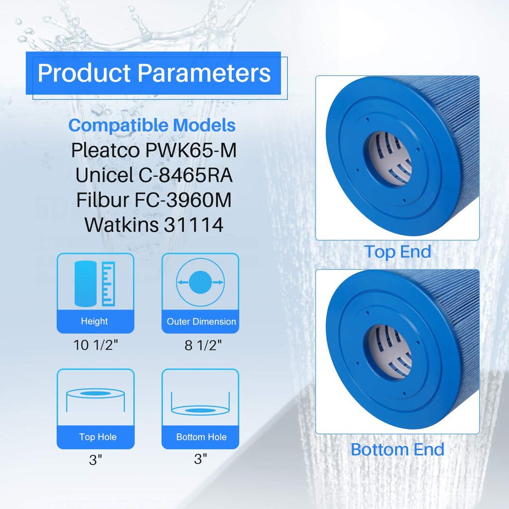 POOLPURE Antimicrobial PLFC-8465-M Spa Filter Replaces Watkins 31114, Compatible Unicel C-8465RA, Pleatco PWK65-M, Filbur FC-3960M, 71827, 71828, 65 sq. ft Hot Spring Spa Filter (2pack)