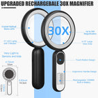 Rechargeable Magnifying Glass with Light, 30X 4.7IN Handheld Large Lightweight Lighted Magnify Len 21 LED 3 Modes Illuminated Book Magnifier forSenior,Reading,Inspection,Coin,JewelryChristmasGift