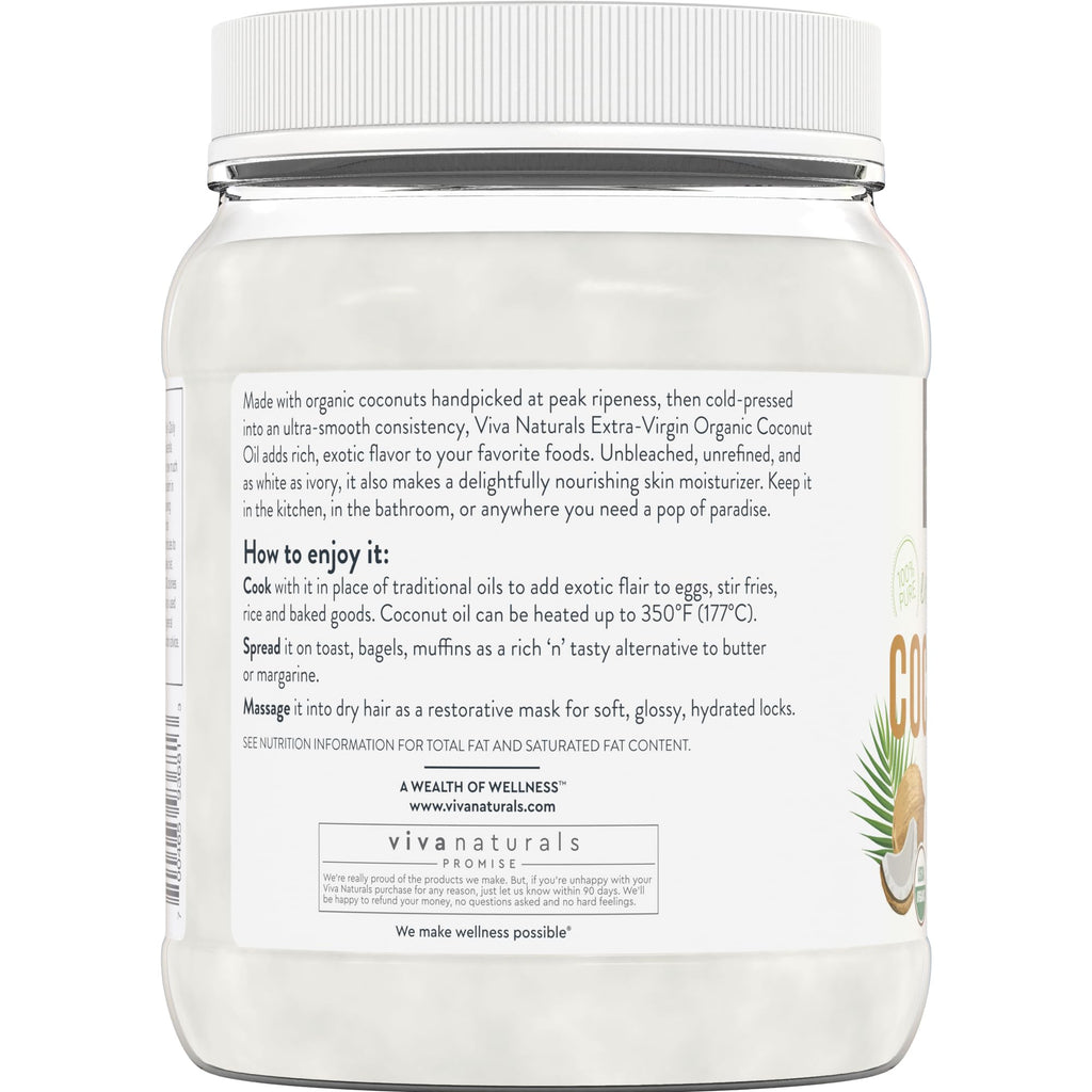 Viva Naturals Organic Coconut Oil, 54 fl oz – Unrefined, Cold-Pressed Extra Virgin Coconut Oil, USDA Organic & Non-GMO, Natural Cooking Oil, Hair Oil & Skin Oil