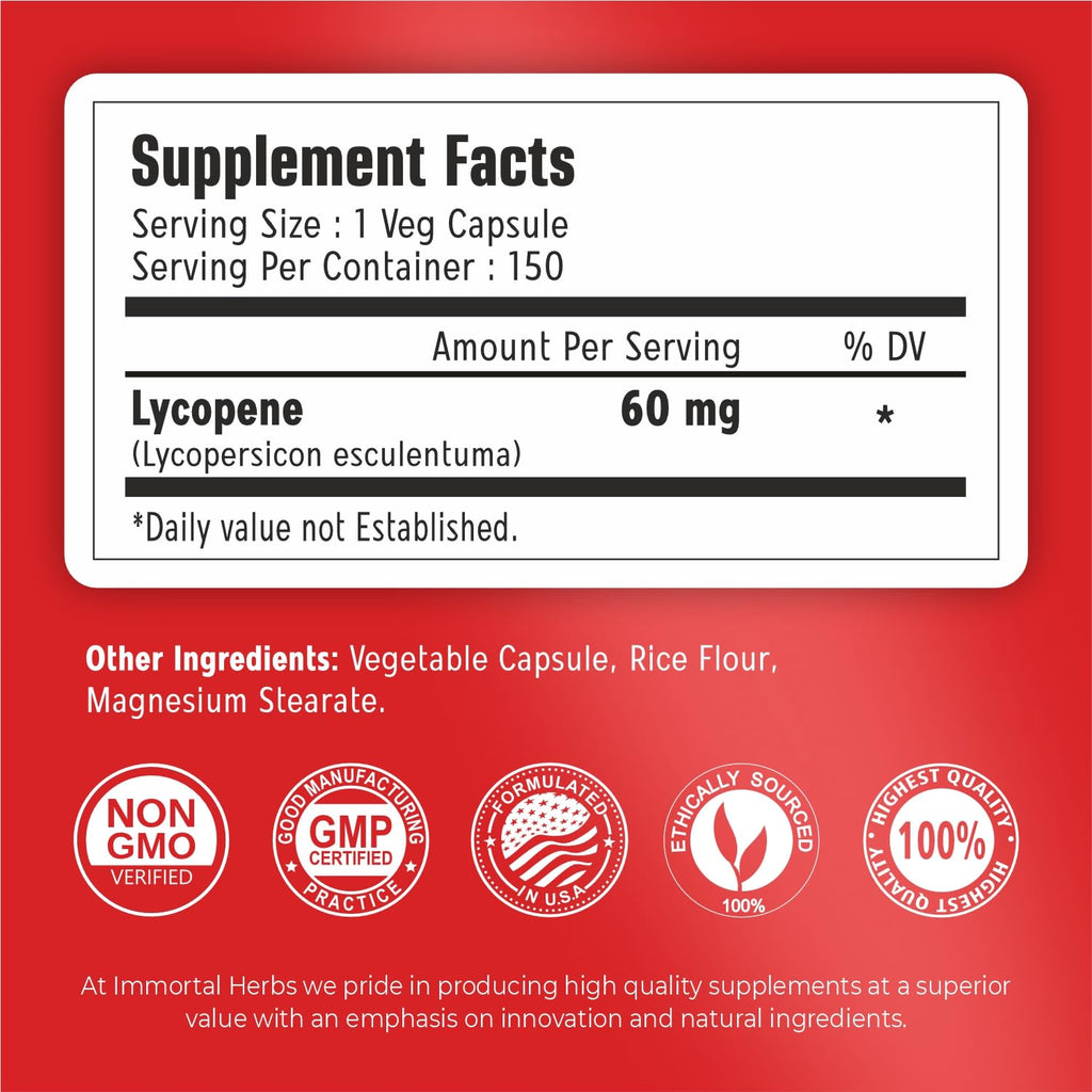 Immortal Herbs Lycopene Supplement for Men 60mg, 120 Capsules, Natural Tomato Extract Powder, 4 Month Supply, 100% Veg Lycopene Complex, Non-GMO and Gluten Free Carotenoid Supplement