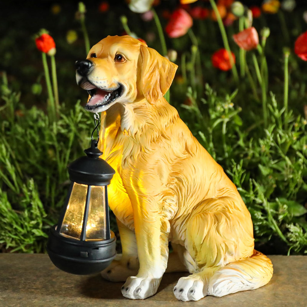 Golden Retriever Statue, Resin Solar Dog outdoor statues Holding Lantern