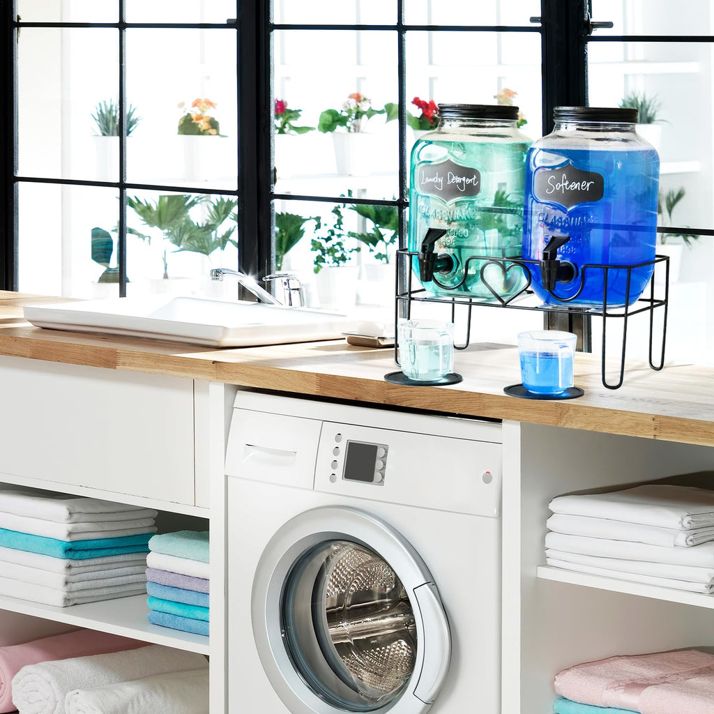 1 Gallon Liquid Laundry Detergent Dispenser with Stand, Glass Laundry Soap Dispenser, Glass Jars for Laundry Room Organization and Storage, Liquid Detergent, Fabric Softener
