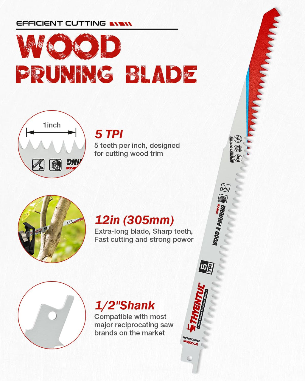 12 Inch Wood Pruning Reciprocating Saw Blades,5TPI Durable High Carbon Steel Sawzall Blades, Fast Cutting for Tree Trimming & Wood Cutting,5 Pack
