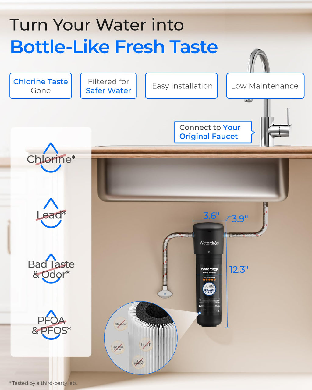 Waterdrop 10UA Under Sink Water Filter System, Reduces PFAS, PFOA/PFOS, Lead, Chlorine, Bad Taste & Odor, Under Counter Water Filter Connects Directly to Your Faucet, NSF/ANSI 42 Certified, 1 Year