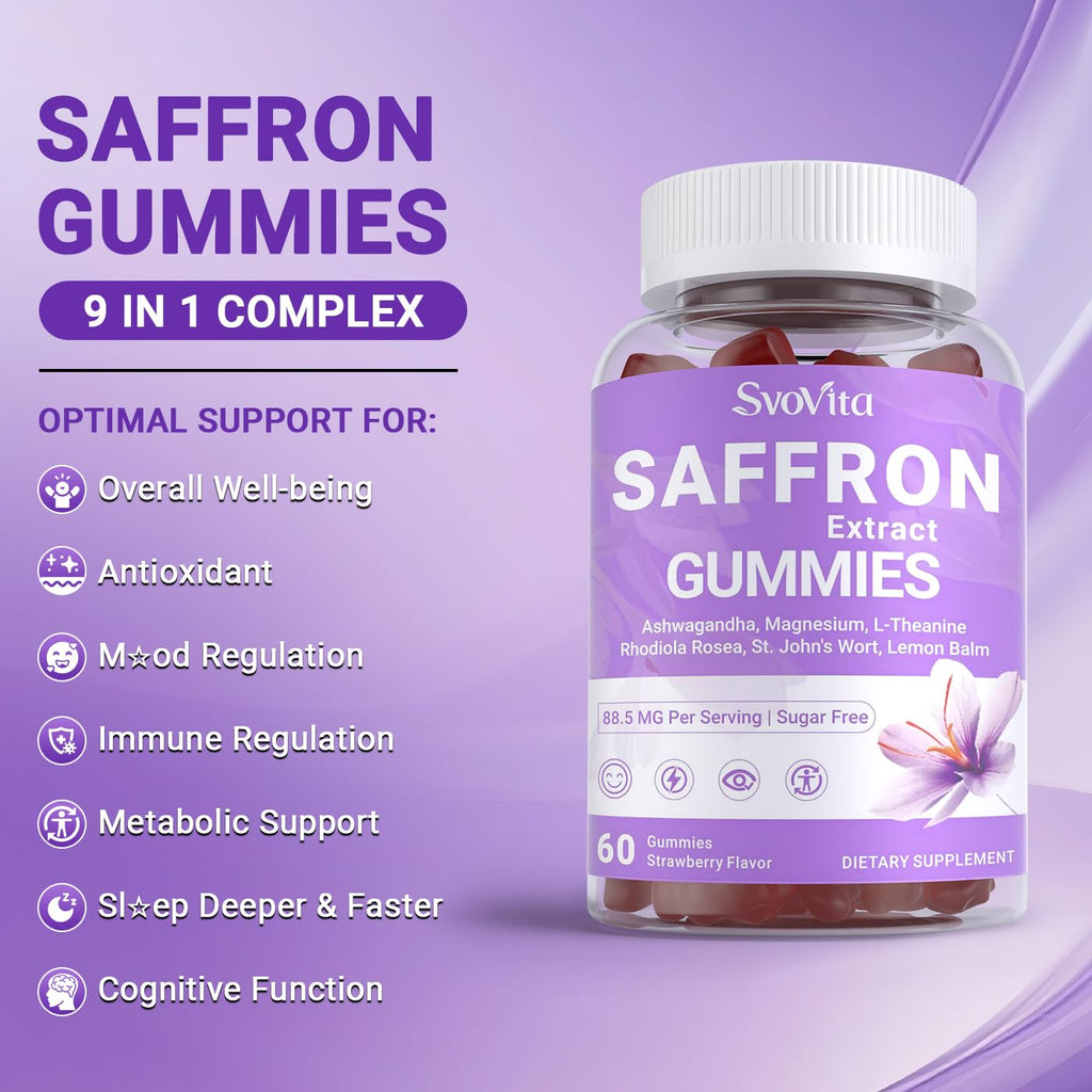 Svovita Saffron Gummies Supplements with 88.5 mg Saffron Extract, Magnesium Glycinate, L-Theanine, Ashwagandha, Rhodiola Rosea, St. John’s Wort - Sugar Free 120 Count