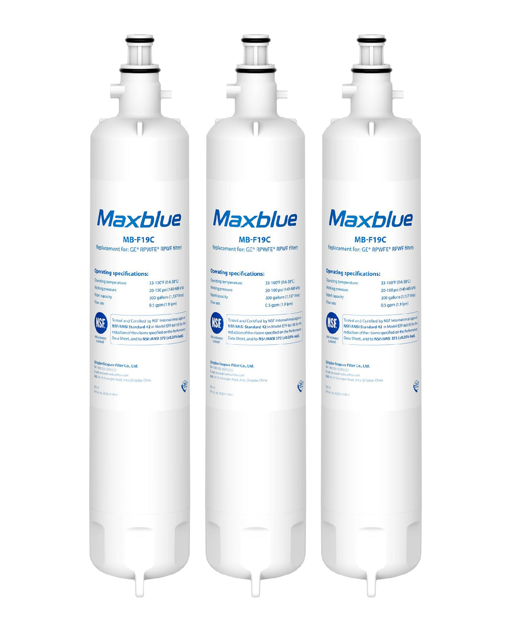 Maxblue MB-F19C Replacement for GE® RPWFE®, RPWF (with CHIP) Refrigerator Water Filter, Compatible with WSG-4, WF277, GFE28GMKES, PFE28KBLTS, GFD28GSLSS, PWE23KSKSS, GYE22HMKES, DFE28JSKSS, 3 Filters