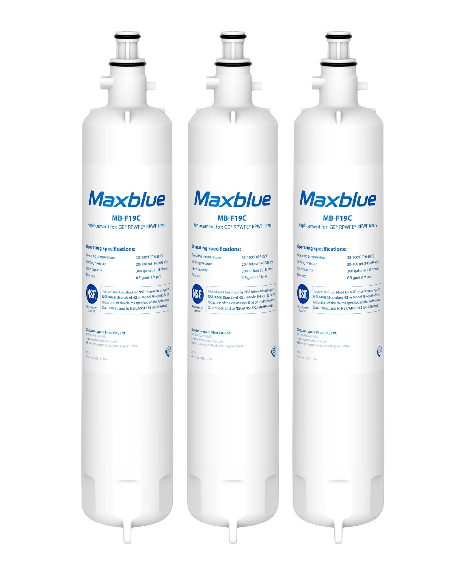 Maxblue MB-F19C Replacement for GE® RPWFE®, RPWF (with CHIP) Refrigerator Water Filter, Compatible with WSG-4, WF277, GFE28GMKES, PFE28KBLTS, GFD28GSLSS, PWE23KSKSS, GYE22HMKES, DFE28JSKSS, 3 Filters