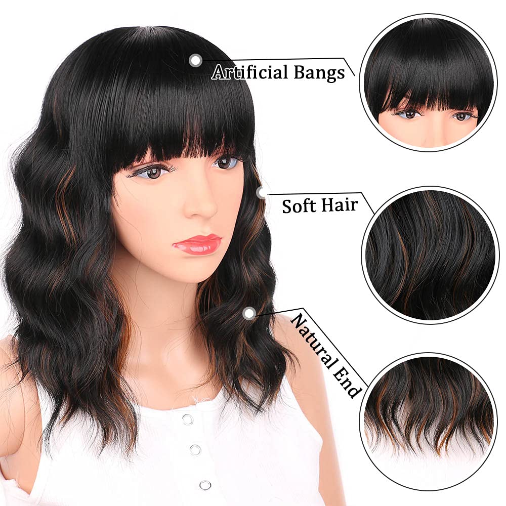 Black Mixed Brown Wig for Black Women Short Wavy Curly Bob Wig with Bangs