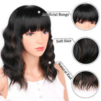 Black Mixed Brown Wig for Black Women Short Wavy Curly Bob Wig with Bangs