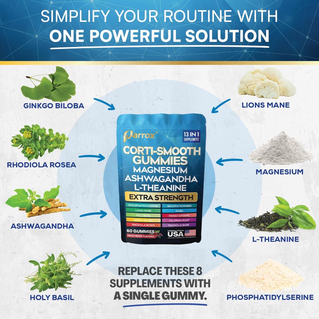 Parrox Corti-Smooth Cortisol Support Gummies with Magnesium, L-Theanine, Ashwagandha, Phosphatidylserine, Bacopa Monnieri, Lions Mane, Ginkgo Biloba, Valerian Root (60 Gummies - Mixed Berry Flavor)