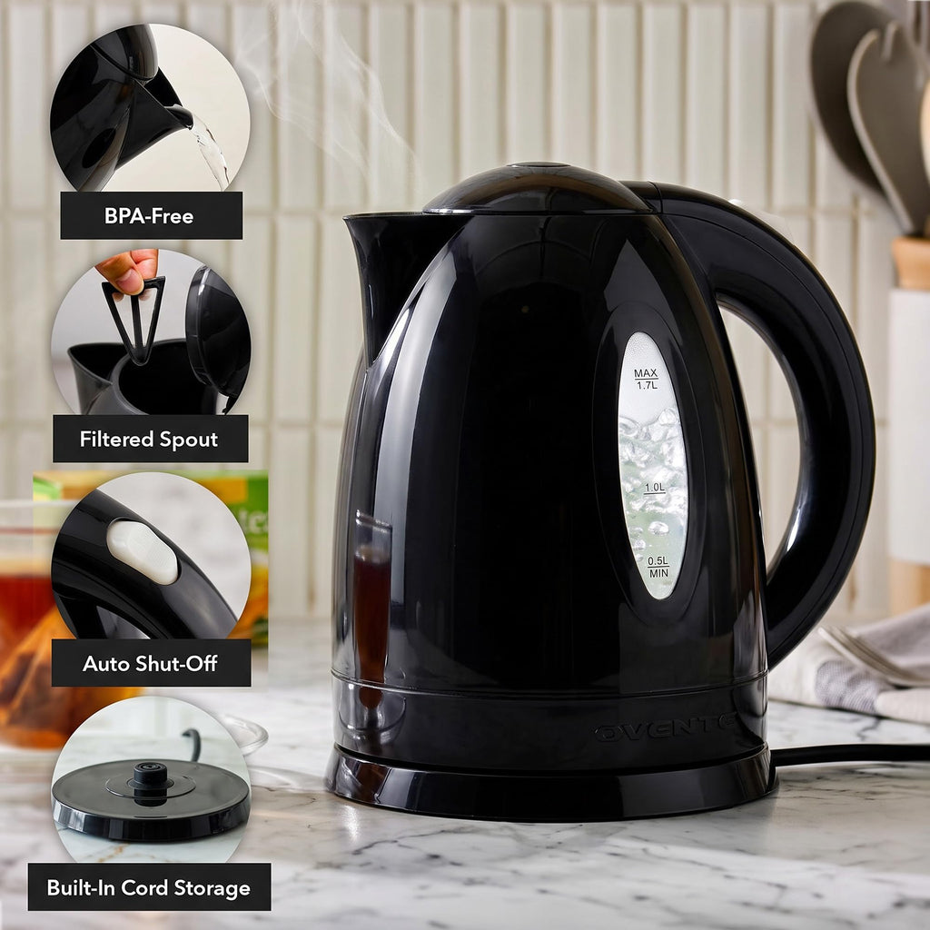 OVENTE 1.7L Electric Tea Kettle, Fast Boiling Water Heater, Black KP72B