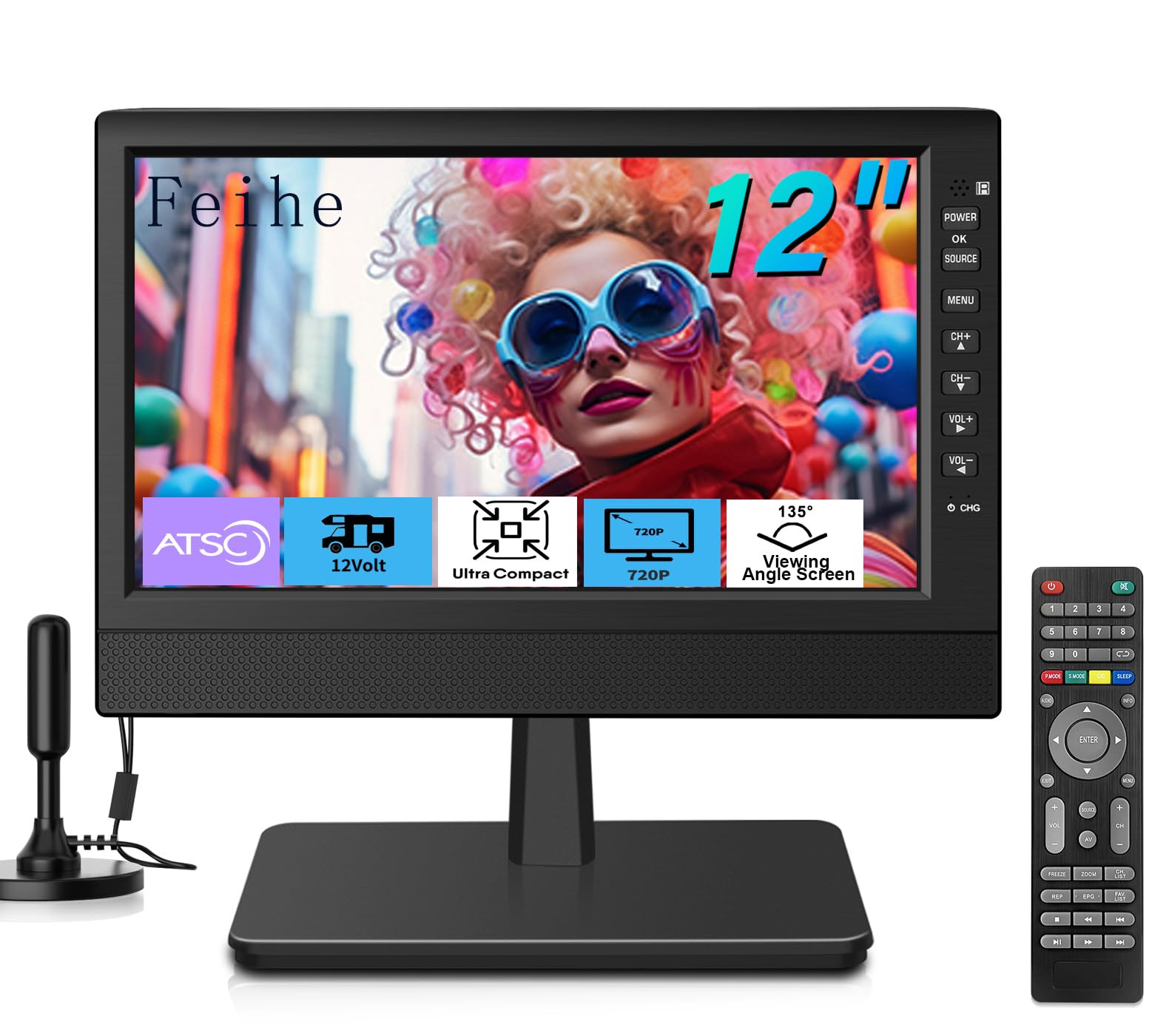 Feihe 12 Inch Small TV, Portable TV with HD Display, Antenna,HDMI,AV,USB Ports, Built-in Digital Tuner and Compact Design for Kitchen, RV, and Travel