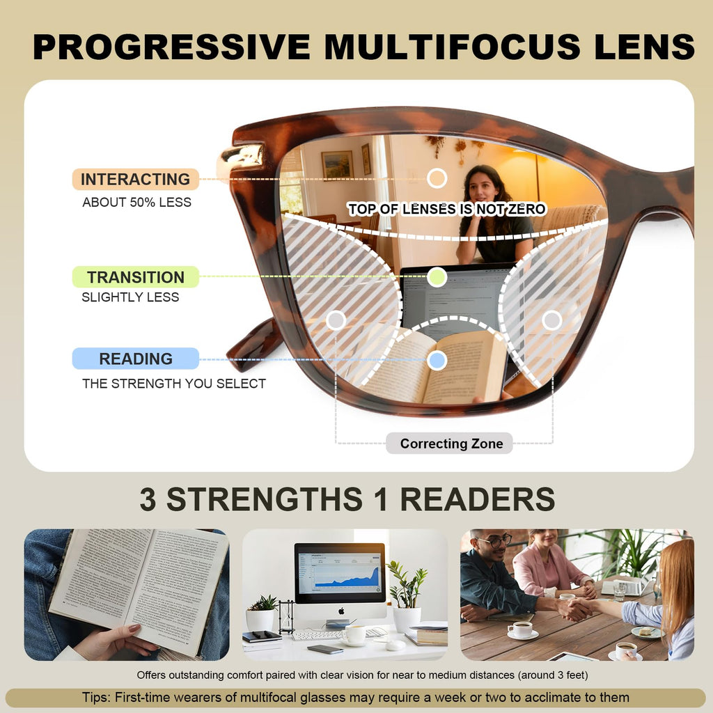 SKYOLUY 2 Pack Eye-catching Progressive Multifocus Reading Glasses Women, Trendy Cat Eye Computer Readers with Twist Temples, Anti Blue Light/Eyestrain Multifocal Glasses, 2.5x (Top is not 0)