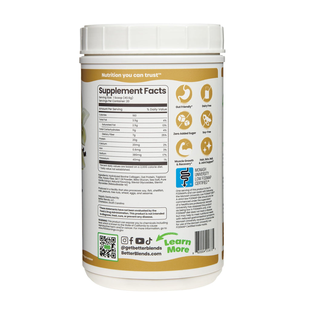 Better Blends Collagen Peptides and Oat Protein Powder- Low FODMAP Certified, Diary-Free, Soy-Free, 100% Gut-Friendly and Non-Bloating, Vanilla, 20 Servings