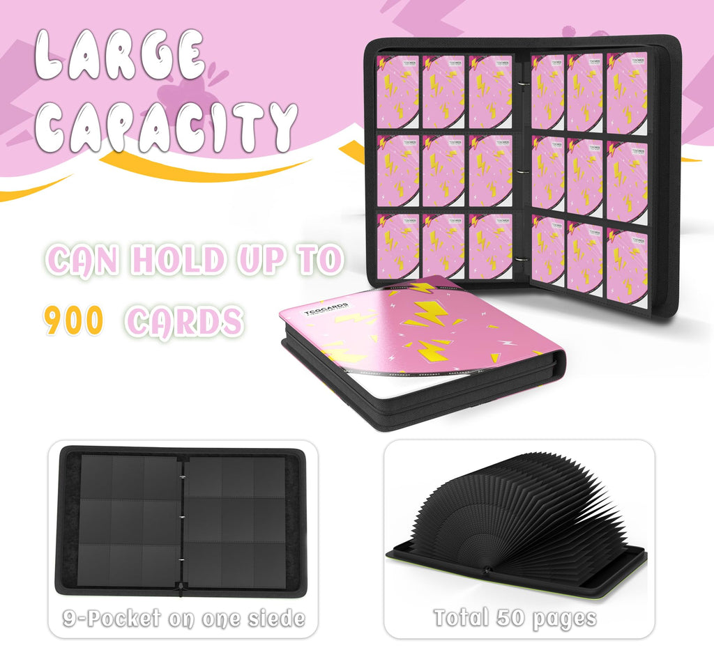 Trading Card Binder 9 Pocket,Card Binder 900 Pockets,Card Book Holder Cards with 50 Removable Sleeves,3-Ring Zip Design MTG/TCG/Sport Collectible Trading Card Albums Gifts for Boys and Girls (Pink)