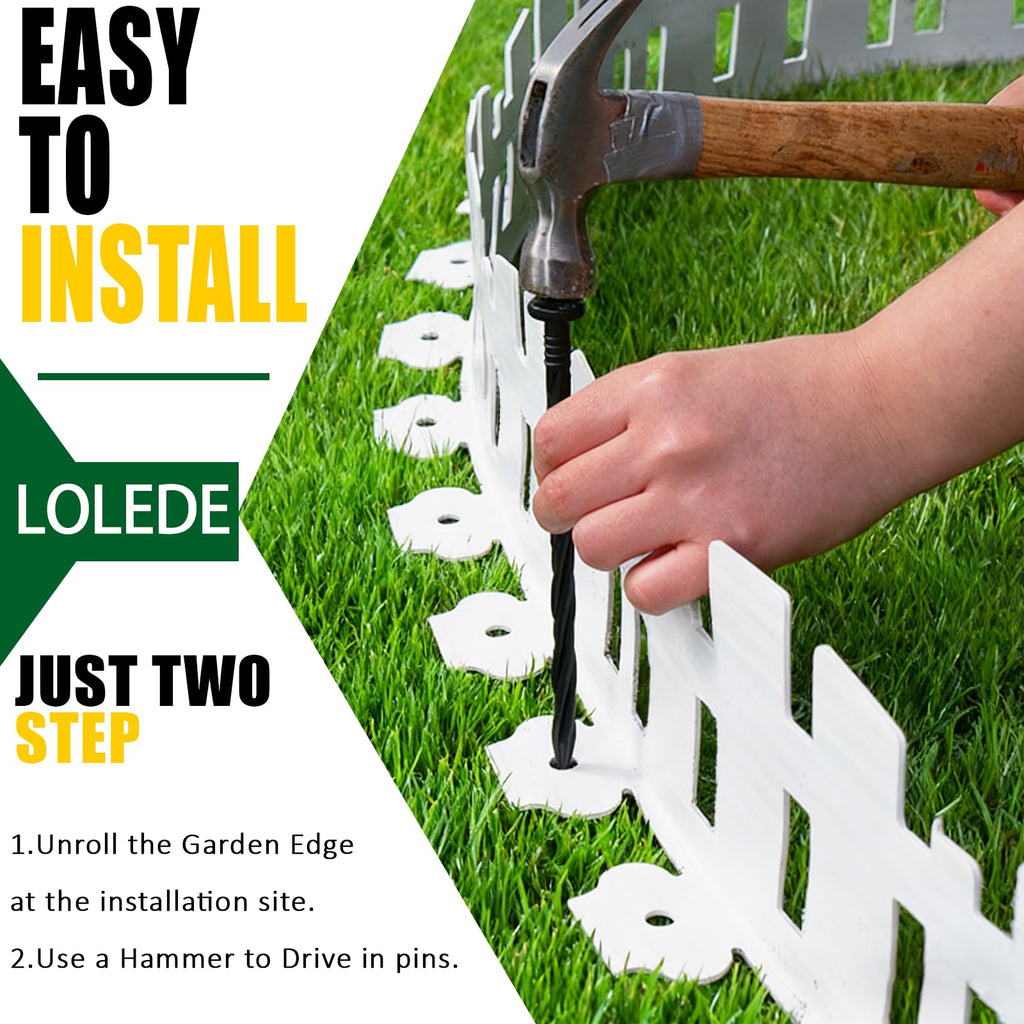 Garden Edging 33FT LOLEDE, 4.6IN Tall White Landscape Edging Border with 60 Stakes, Flexible Plastic Lawn Edging for Yard, Flower Beds,Tree Rings, Walkways & Garden Borders（Square-White）