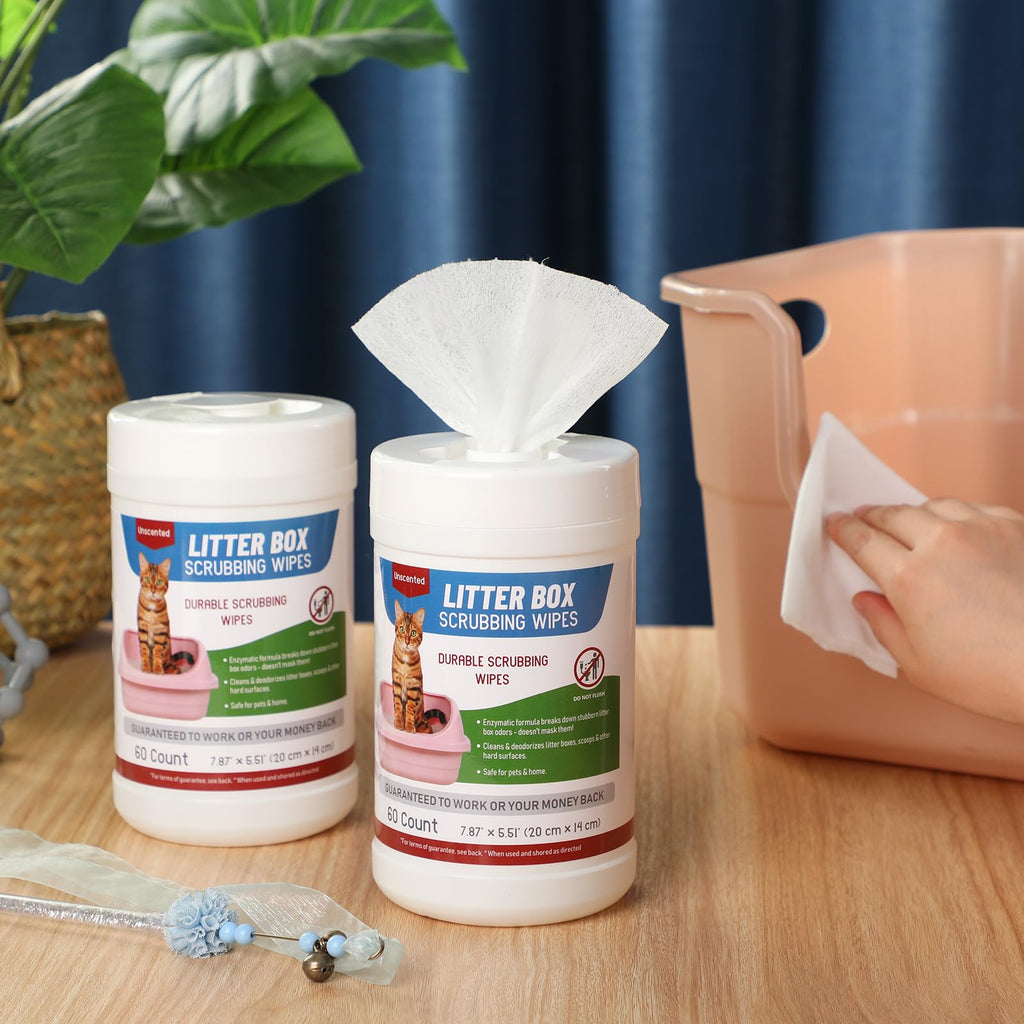 Breling 2 Pack Litter Box Scrubbing Wipes 120 Count Pets Cat Litter Box Cleaning Wipes Unscented Removes Stains Easily for Pet Cleaning Supplies