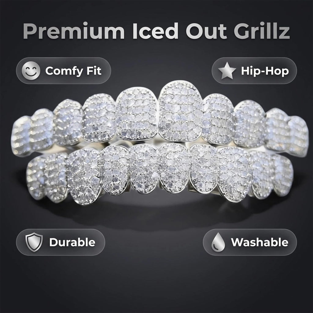 Men and women Adjustable Gold and Silver Grillz - Hip Hop Bling Tooth Covers with Cubic Zirconia - Detachable Fashion Dental Jewelry for Men (Silver)