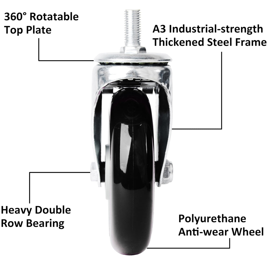 Finnhomy Swivel Caster Wheels 5 Inch Threaded Stem Casters Set of 4 Heavy Duty 1/2"-13 x 1 with Brake Polyurethane Industrial Locking Castors Wheels for Cart/Furniture 2200 Lb Smooth Casters Black