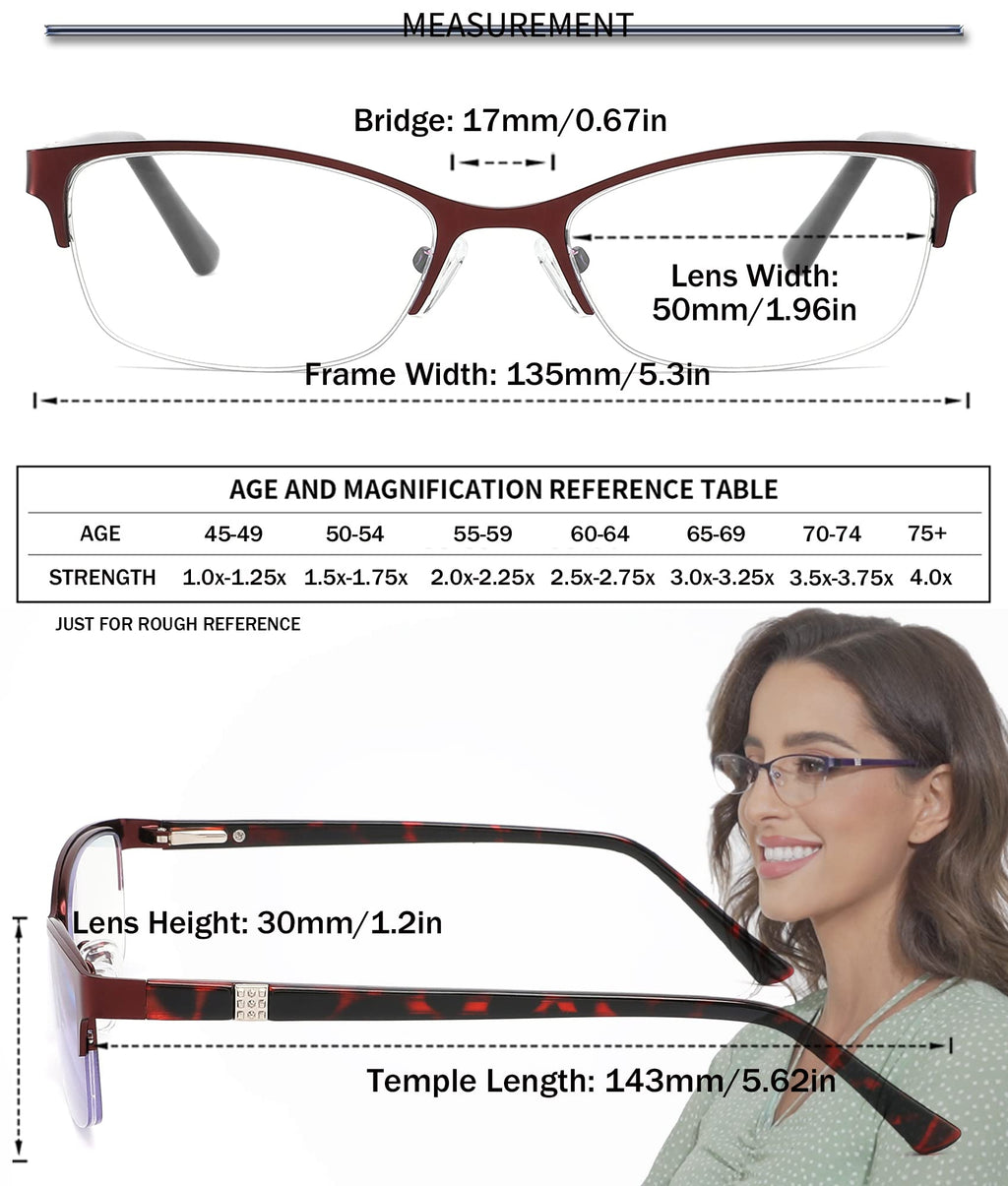 HOTJOJO 3 Pack Reading Glasses for Women Blue Light Blocking, Metal Oval Half Frame Womens Readers Glass with Spring Hinge, Anti Blue Ray Reduce Eye Strain Glare Headache(175 Magnification Strength)
