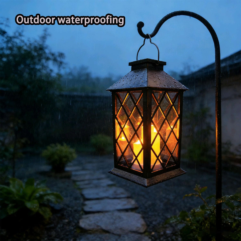 Solar Outdoor Lantern, Garden Hanging Waterproof Lanterns PVC Upgrade 3 LED Flickering Flameless Candle Decorative for Garden Women Mom Grandma Halloween Gifts (Grid Candle)