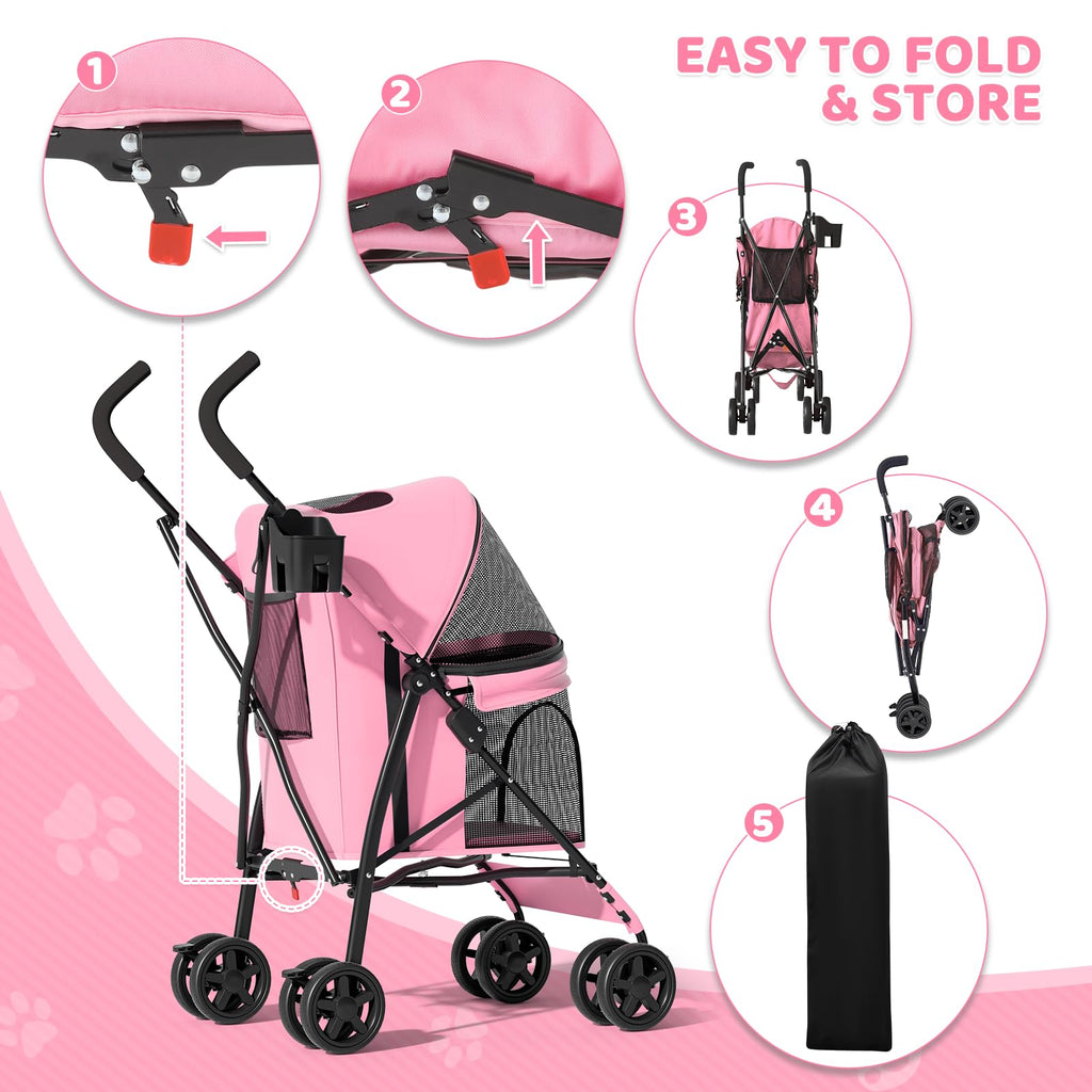 Magshion Compact Pet Stroller for Small-Medium Dogs/Cats up to 22lbs, 4-Wheel Lightweight Umbrella Shaped Portable Puppy Travel Jogger with Breathable Mesh, Cup Holder & Rear Storage, Pink