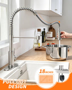 OWOFAN Kitchen Faucets, Brushed Nickel Kitchen Sink Faucet with Pull Down Sprayer Single Handle with Deck Plate Stainless Steel, Suitable for Farmhouse Camper Laundry Rv Bar - OWOFAN 9009SN