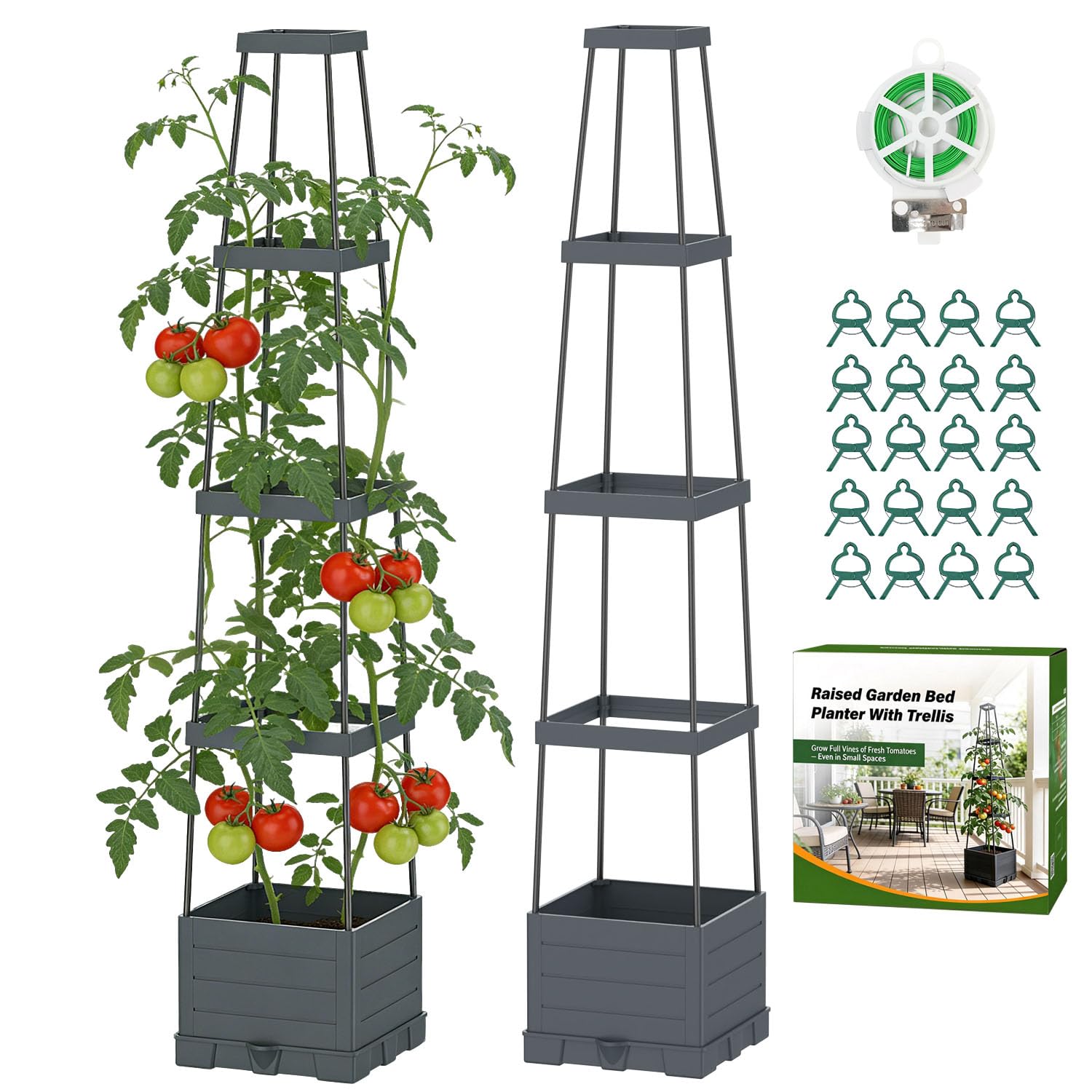 Suteck Raised Garden Bed with Trellis, 2PK Self-Watering Tomato Planter Box