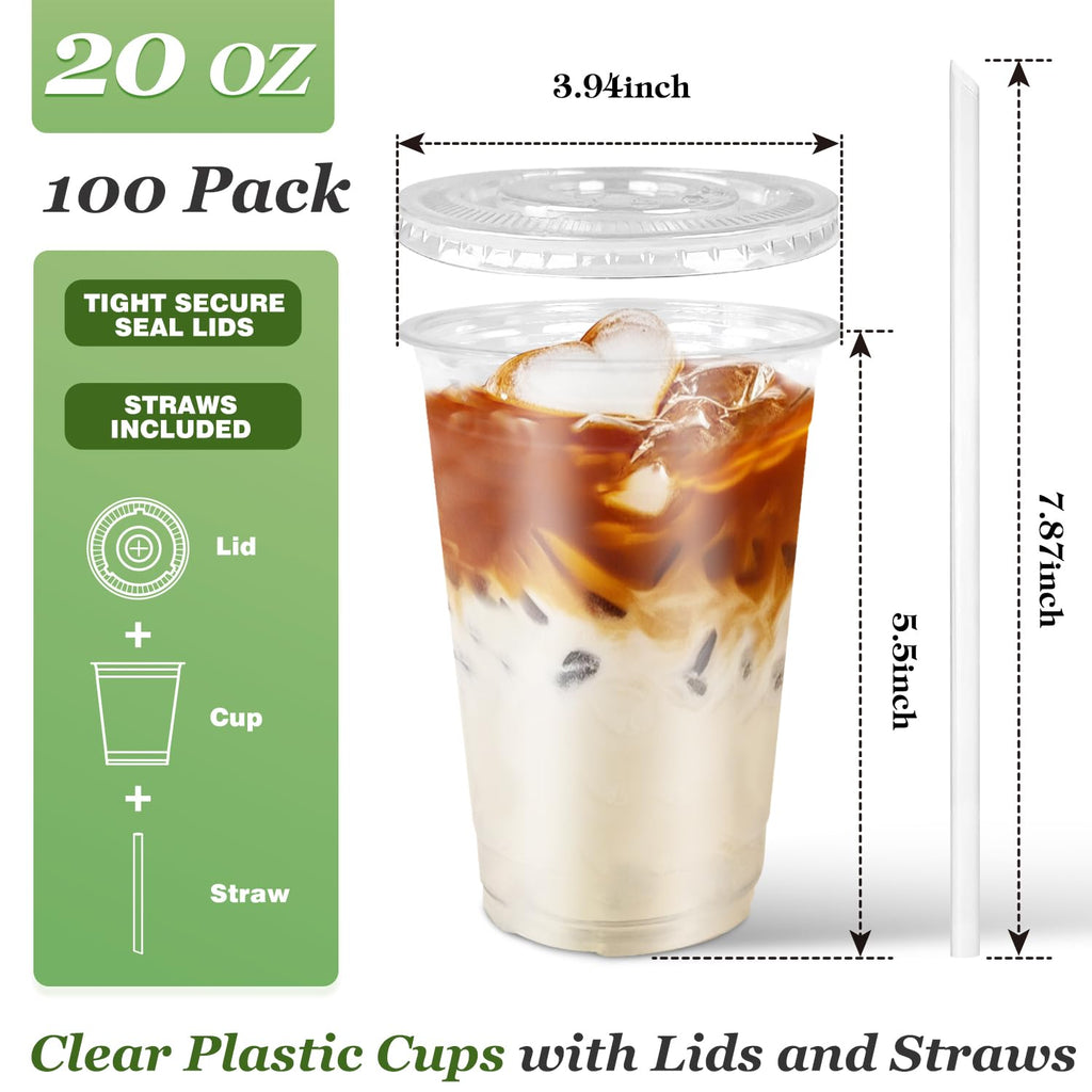 Charmount 100 Sets- 20 oz Clear Plastic Cups with Lids and Straws, Disposable To Go Cups for Cold Drinks, Coffee Bar Accessories, Iced Coffee, Smoothies