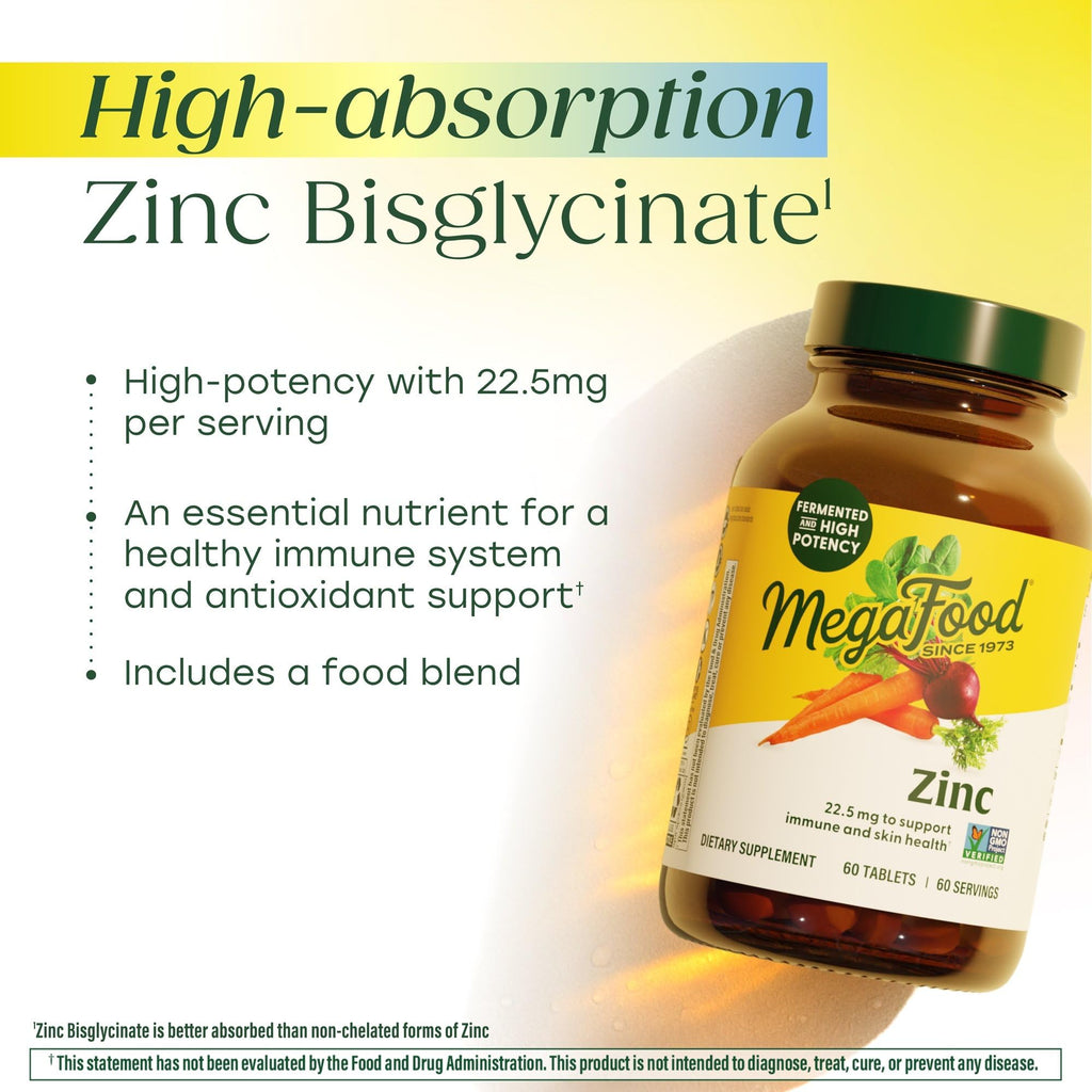 MegaFood Zinc Supplements for Women & Men - Vegan Immune Support Supplement with 22.5 mg High Potency Fermented Zinc Tablets - Made with Real Food - 120 Tablets, 120 Servings