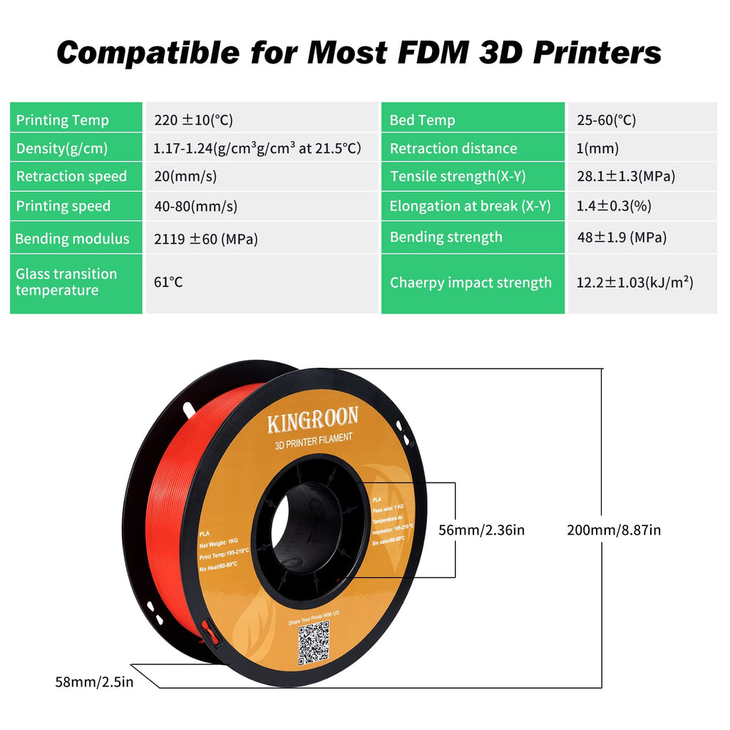 Kingroon PLA 3D Printer Filament, Dimensional Accuracy +/- 0.02 mm, 1 kg Spool(2.2lbs), 1.75 mm，Red