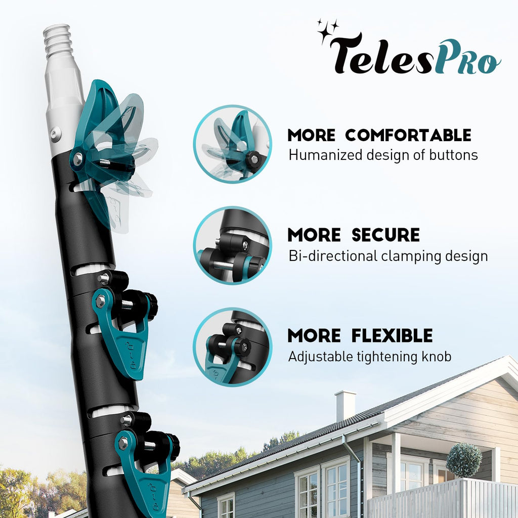 TelesPro 36 Feet High Reach Window Squeegee with 7-30 Ft Extension Pole, Window Cleaner Tool with 5-Stage Telescoping Pole, Window Cleaning Kit with Rotatable Head (2 Squeegee & 2 Microfibre Cloths)