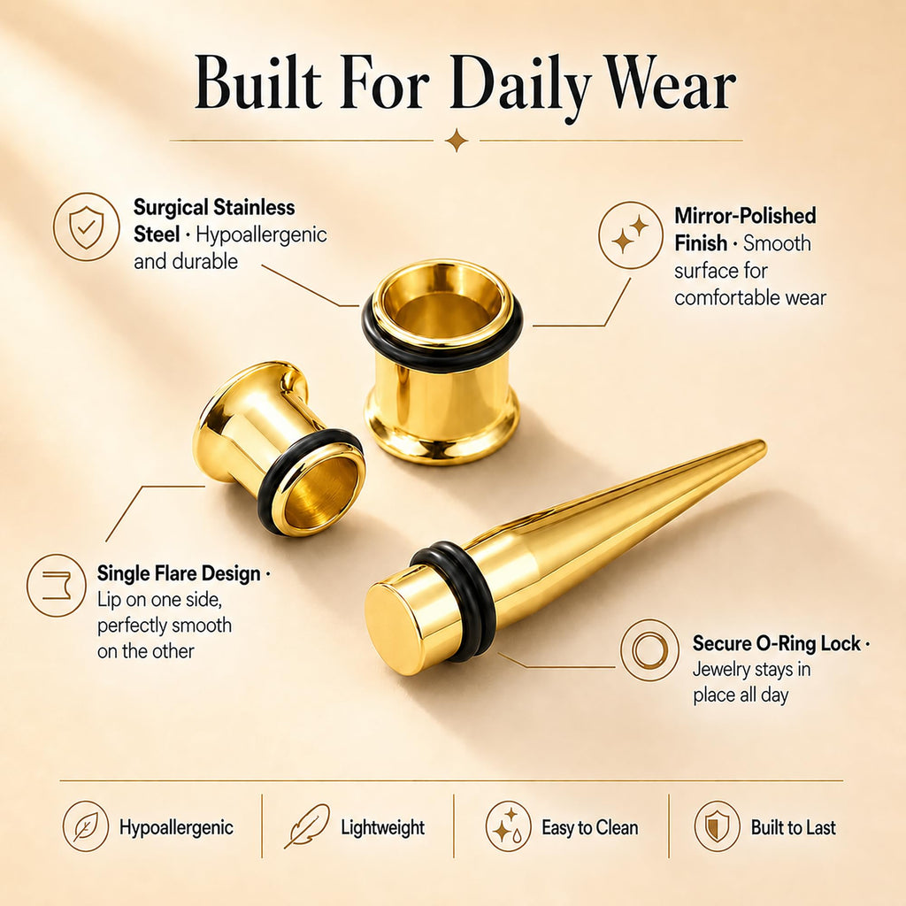 BodyJ4You 36PC Ear Stretching Kit - Complete Beginner Set Gauges for Ears 14G-00G - Goldtone Stainless Steel Tapers Single Flare Plugs Tunnels - Dead Stretching Lobe Men Women Expander Piercing