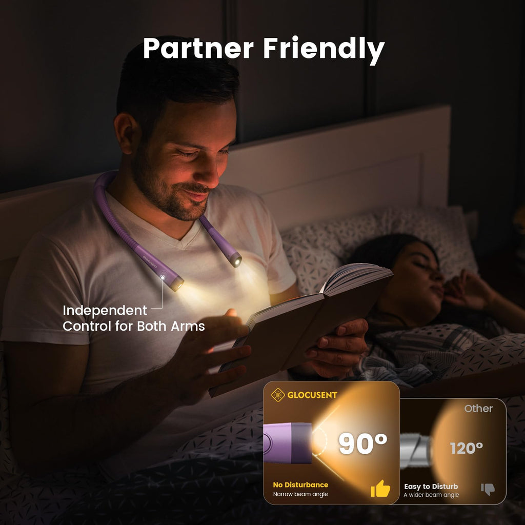 Glocusent Reading Light,LED Neck Light,80-hr Rechargeable Book Light