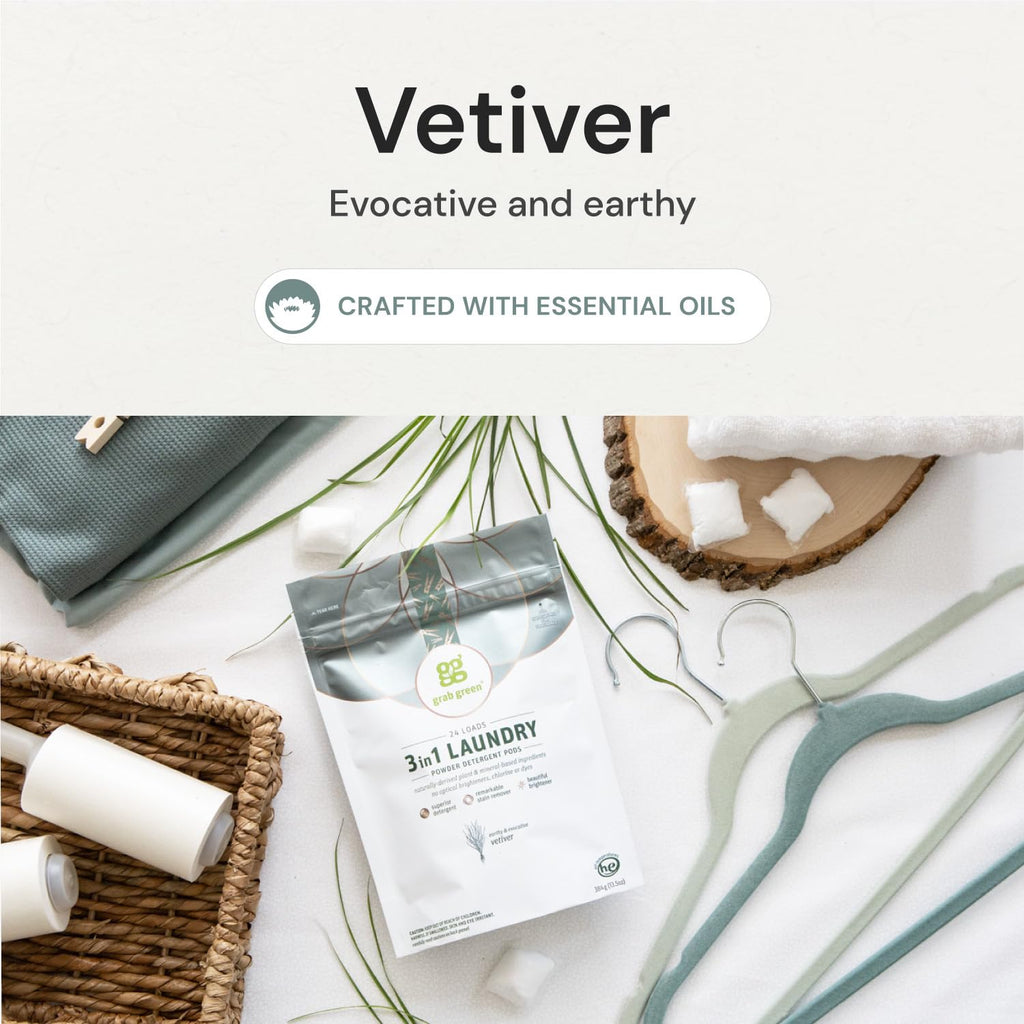 Grab Green 3-in-1 Laundry Detergent Pods, Vetiver Scent, Plant and Mineral Based, Superior Cleaning Power, Stain Remover, Brightens Clothes, 60 Count