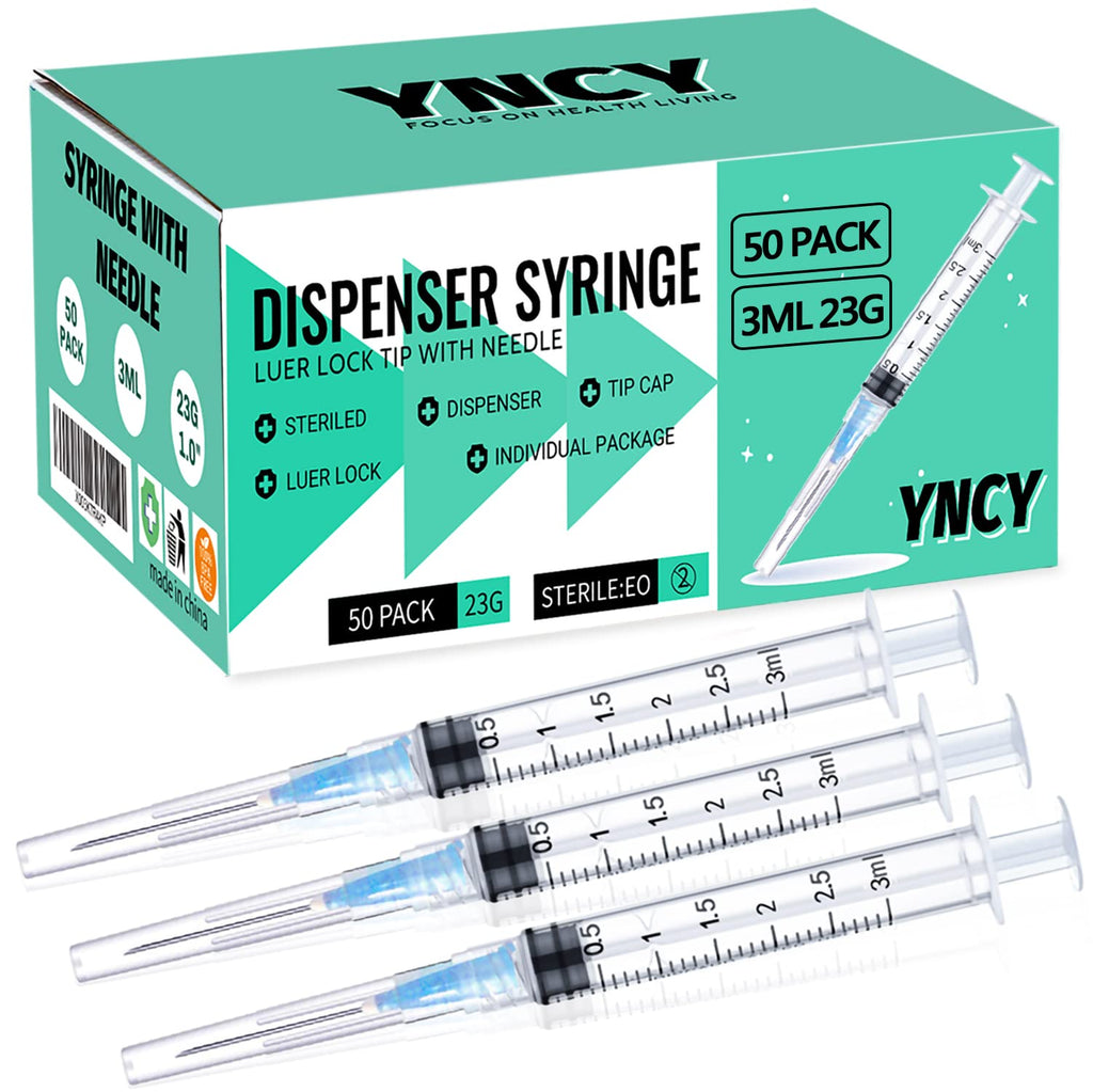 50 Pack 3ml Disposable Syringe with Needle 23Ga 1.0 Inch, Luer Lock Syringes, Individual Sterilized Wrapped