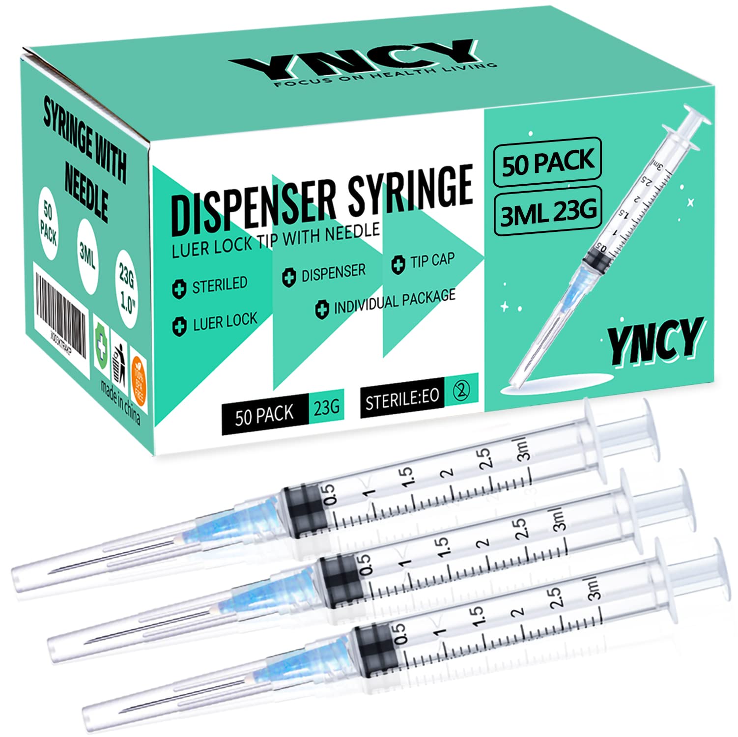 50 Pack 3ml Disposable Syringe with Needle 23Ga 1.0 Inch, Luer Lock Syringes, Individual Sterilized Wrapped