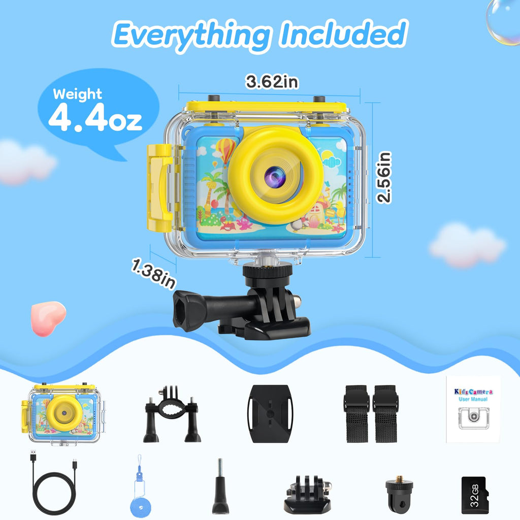 GKTZ Kids Waterproof Underwater Camera 1080P 4X Zoom 2"IPS Screen 32GB Card