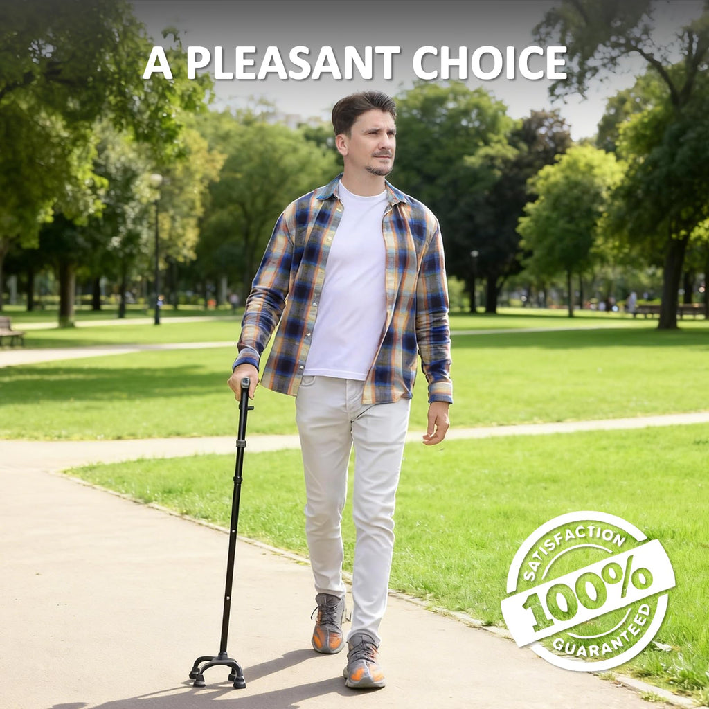 Rehand Quad Canes, Walking Cane for Men & Women with Ergonomic Handle Ever and Graceful 4-Pronged Base for Extra Stability, Foldable, Adjustable Walking Sticks for Right or Left Handed