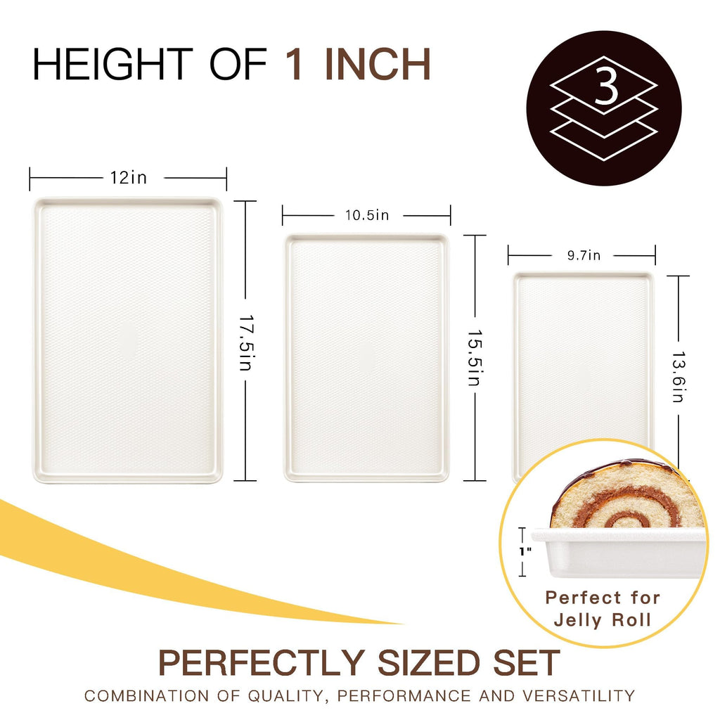 HONGBAKE 3 Pack Nonstick Ceramic Baking Sheet Pan Set for Oven, Non-Toxic Half/Quarter/Jelly Roll Pans with Diamond Texture, Heavy Duty 0.8mm Thick Aluminized Steel Cookie Trays for Cooking, Cream